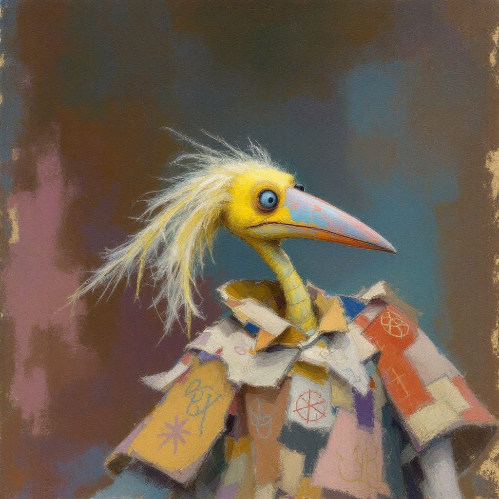Expressive Bird Figure in Whimsical Pastel Style