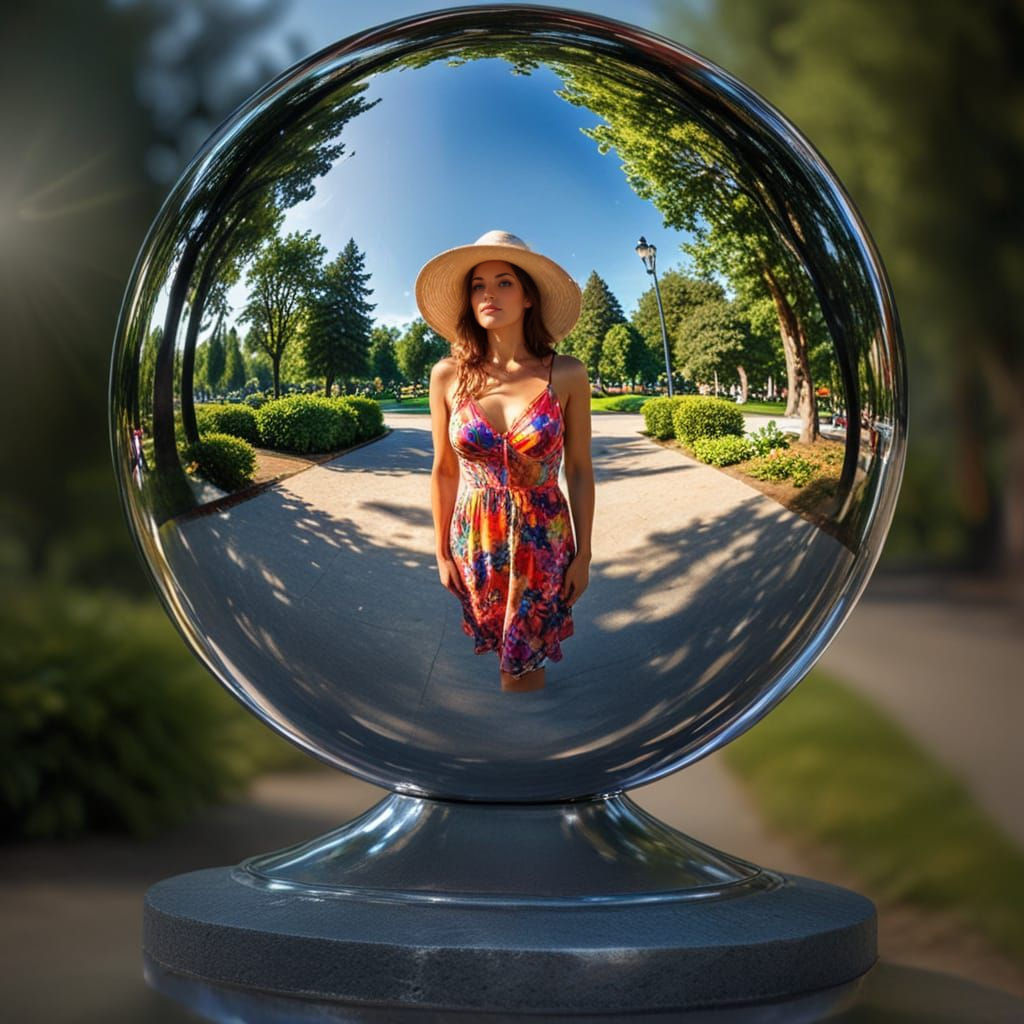 Surreal Woman in Shimmering Chrome Sphere