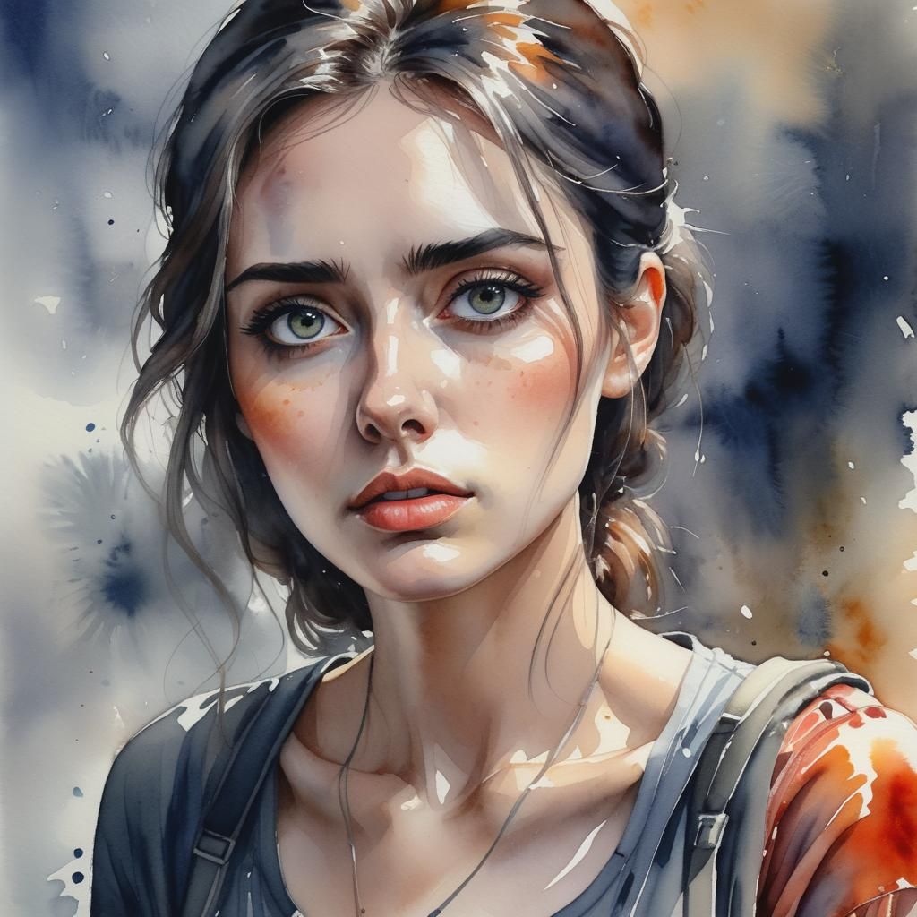Melancholy Young Woman Portrait in Watercolor