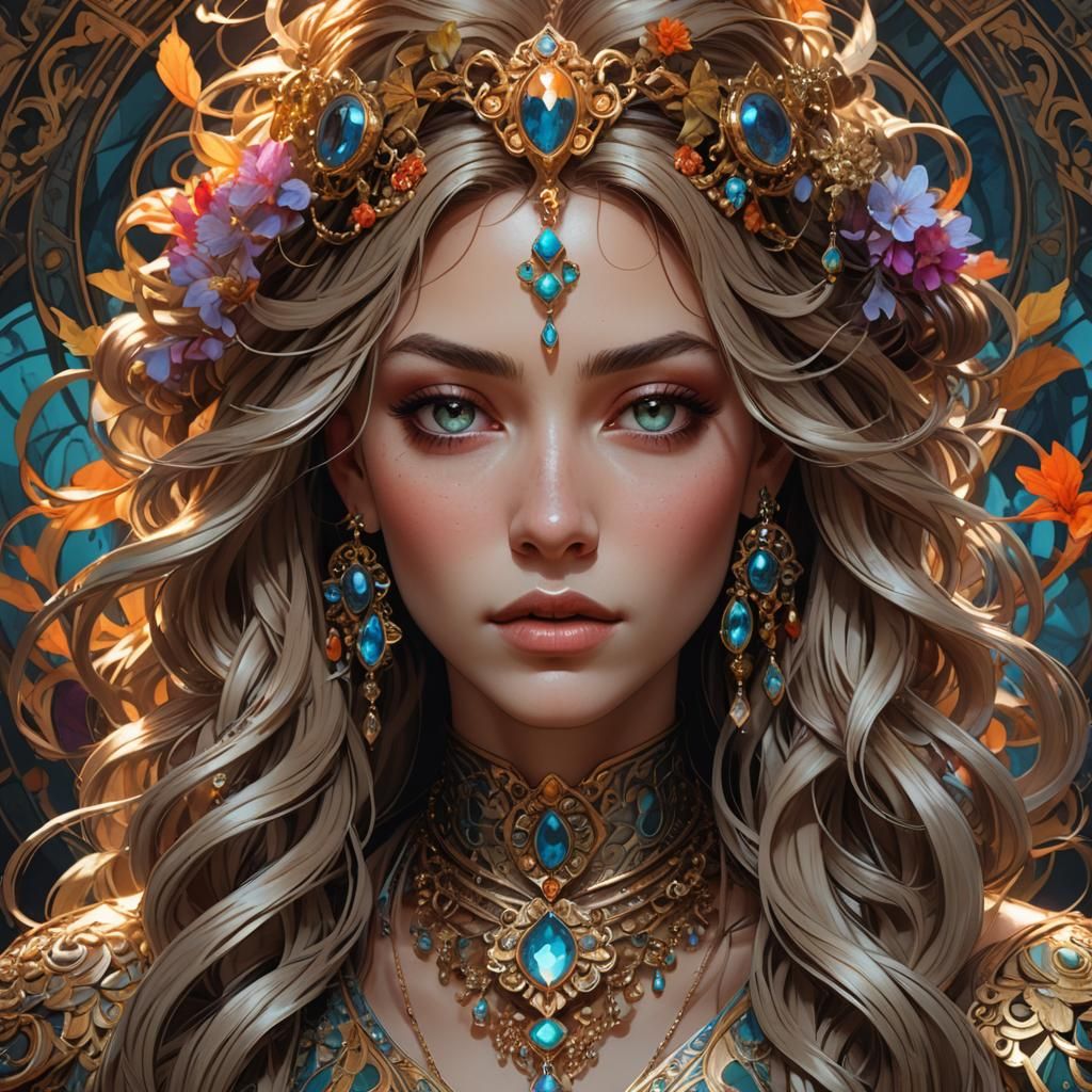 Elegant Girl Portrait with Flowing Hair, Digital Art