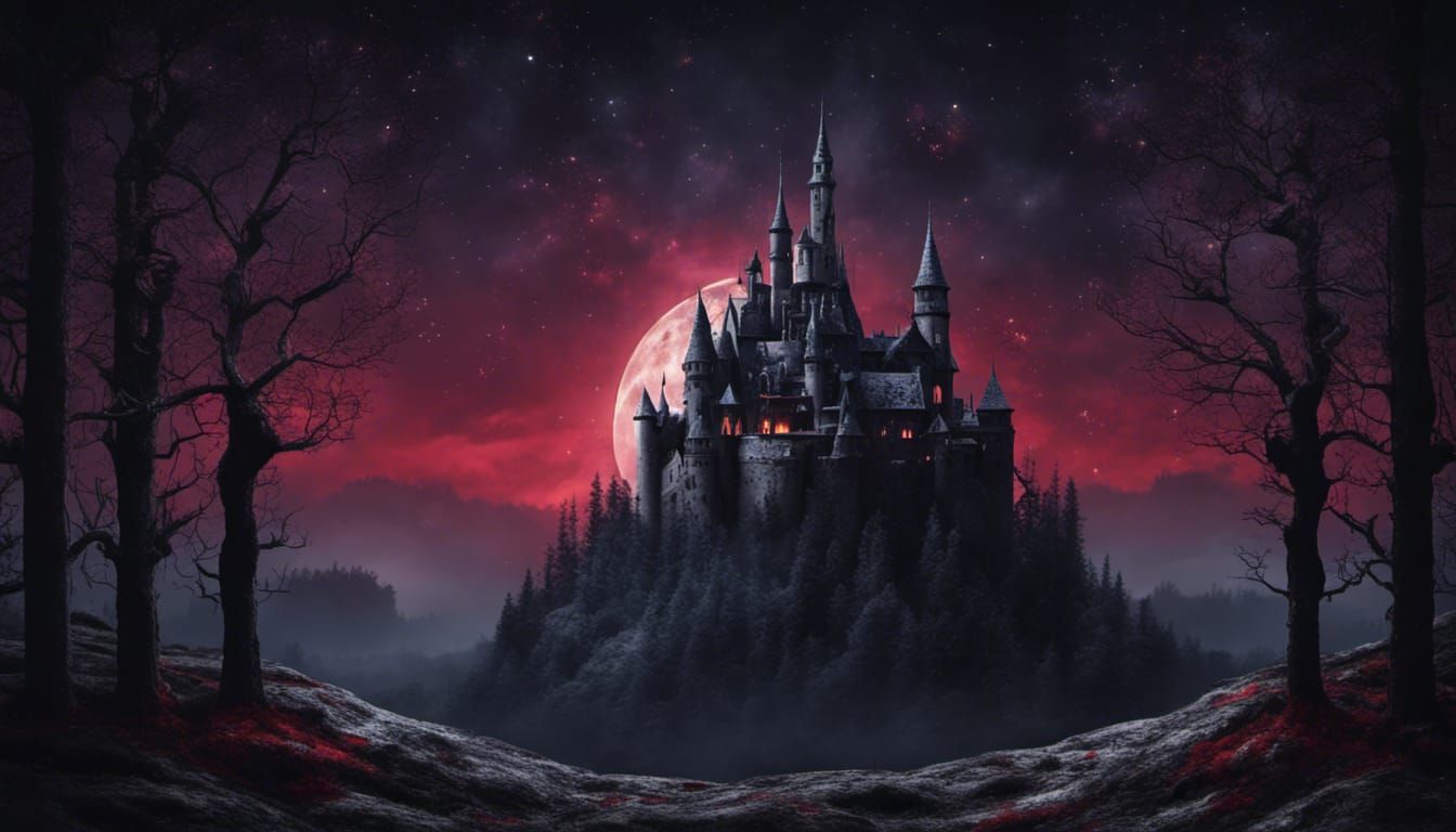 Eerie Forest with Dark Castle Under Moonlit Sky