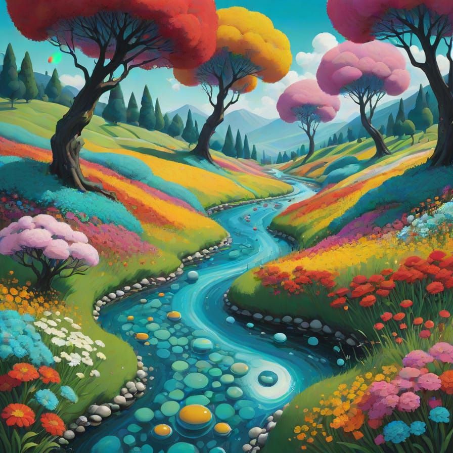 Vibrant Meandering Stream in Whimsical Landscape