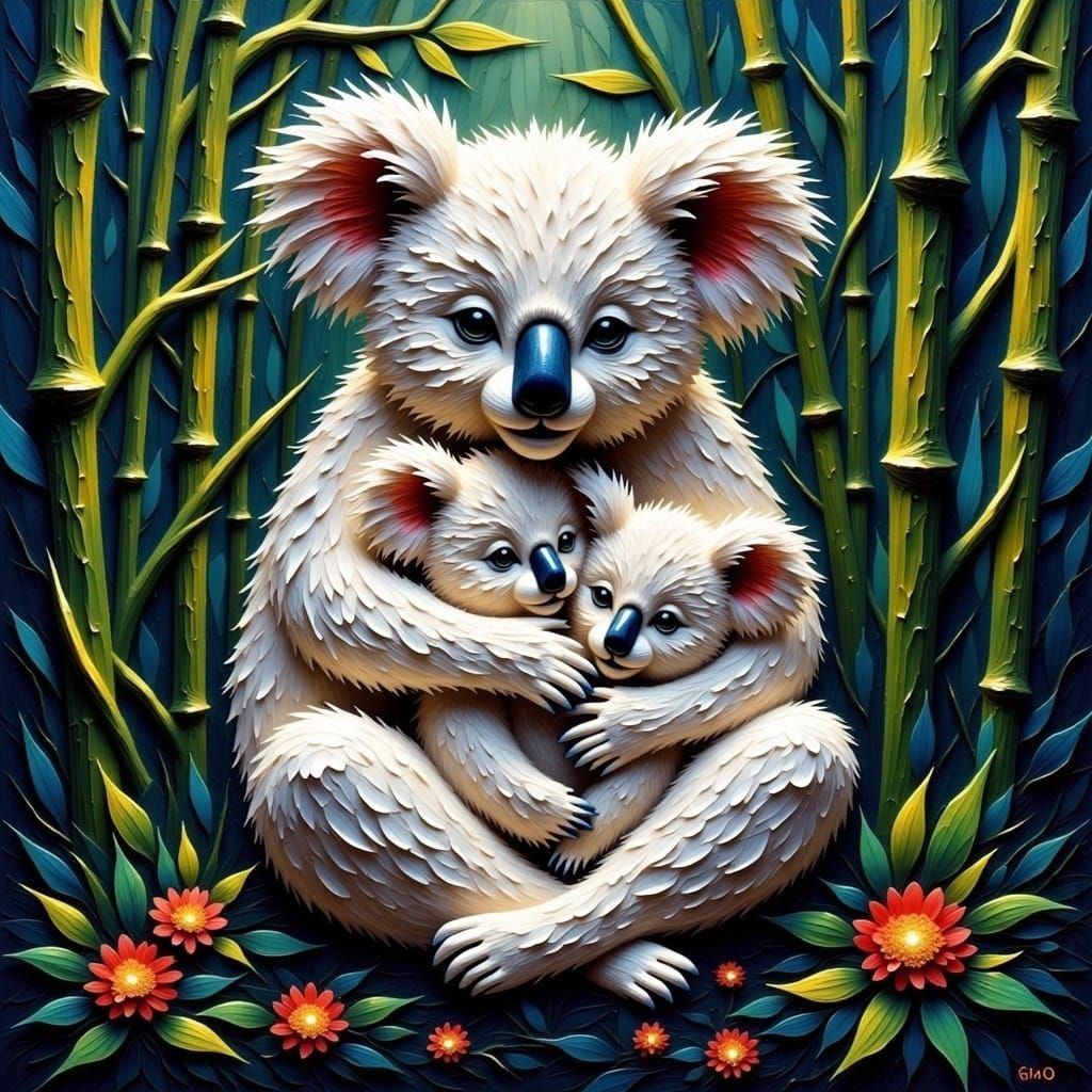 White Koala Family in Stained Glass Fractal Design