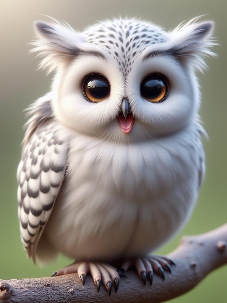 Cute Baby Snowy Owl Phoenix Mix Perched on Branch
