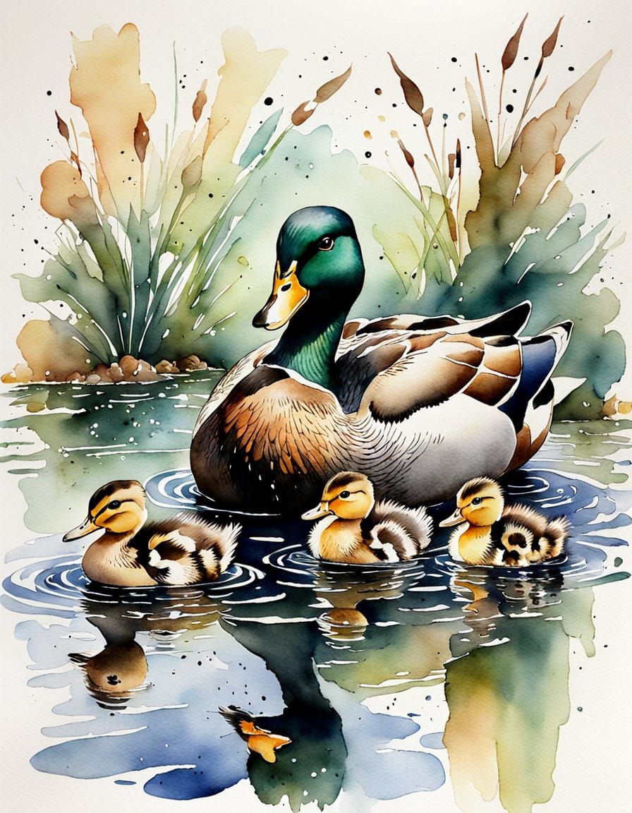 Abstract Mallard Duck Family with Tiny Ducklings