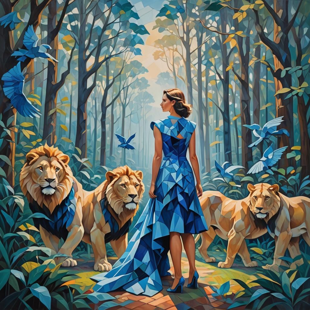 Neo-Cubist Woman with Lions and Blue Wings