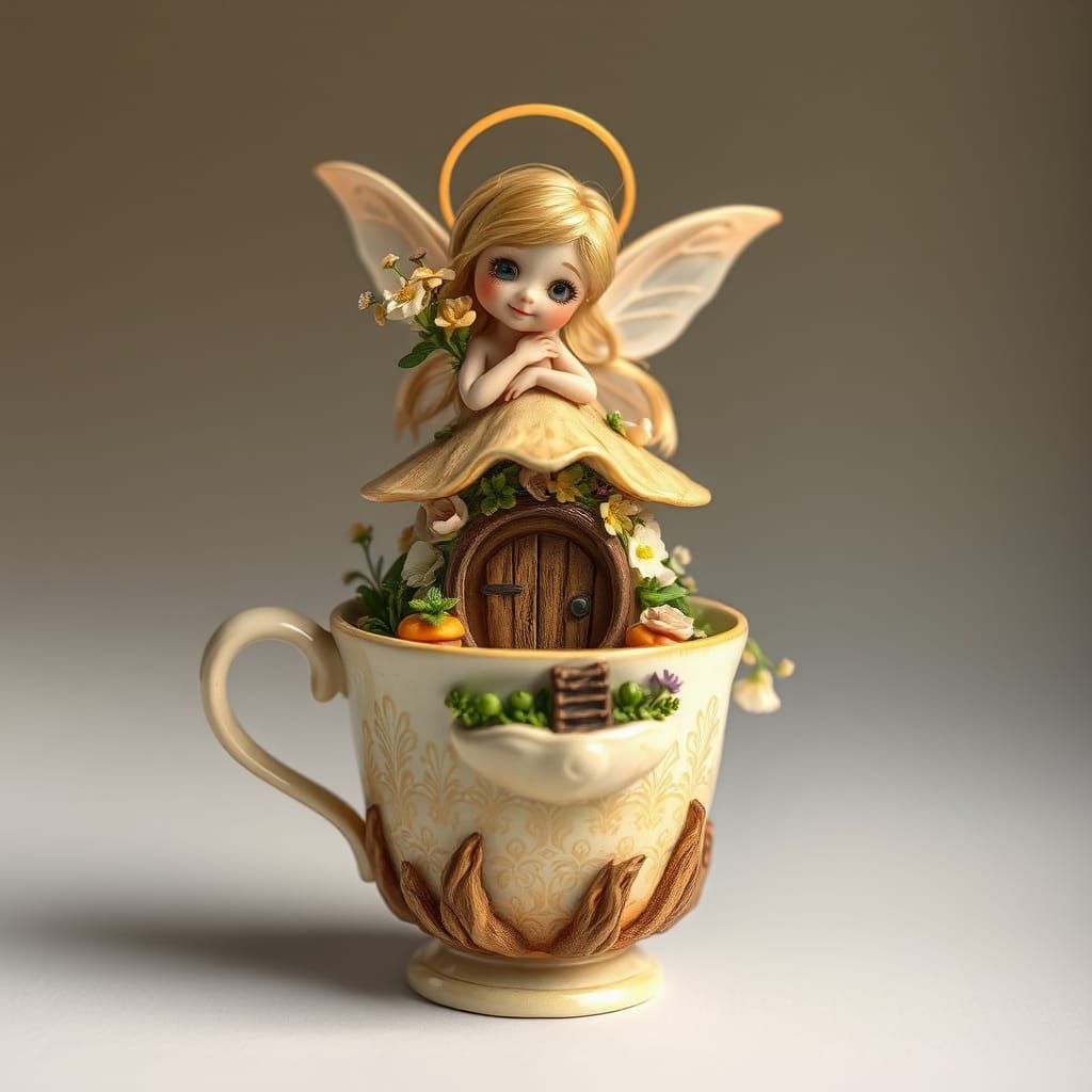 Golden Fairy with Teacup Hut and Flowers
