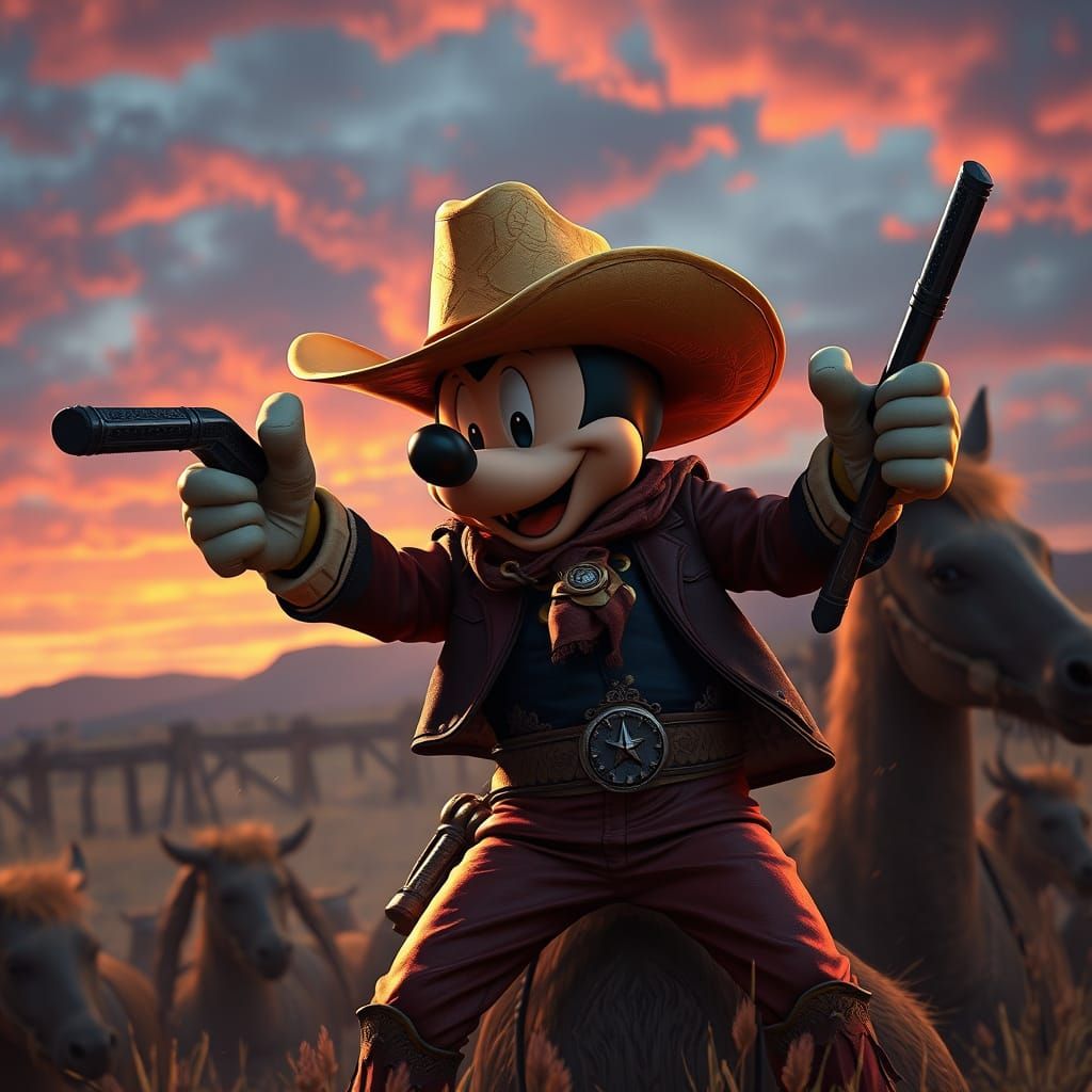Mickey as a Legendary Texas Cowboy in a Fantastical Landscap...