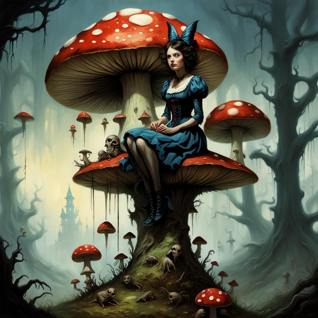 Miss Muffet on Toadstool: Epic Digital Painting