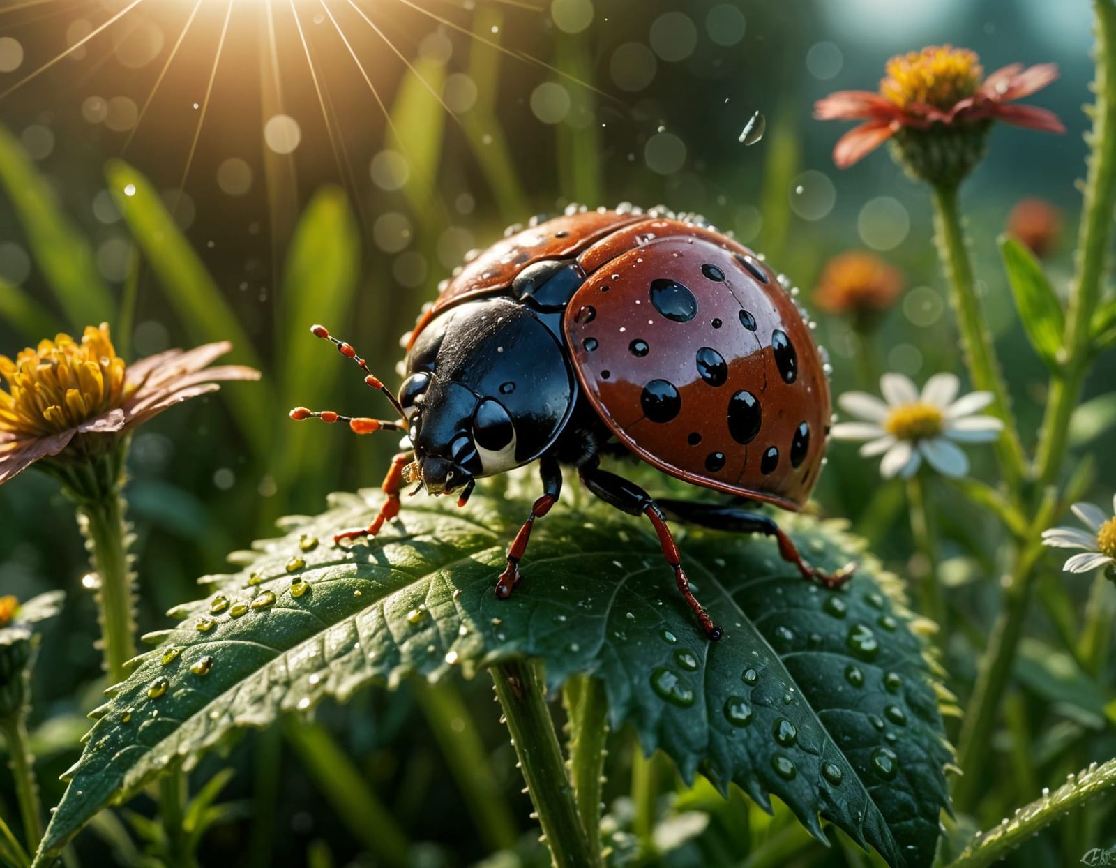 Macro Ladybug Among Flowers with Dew Drops