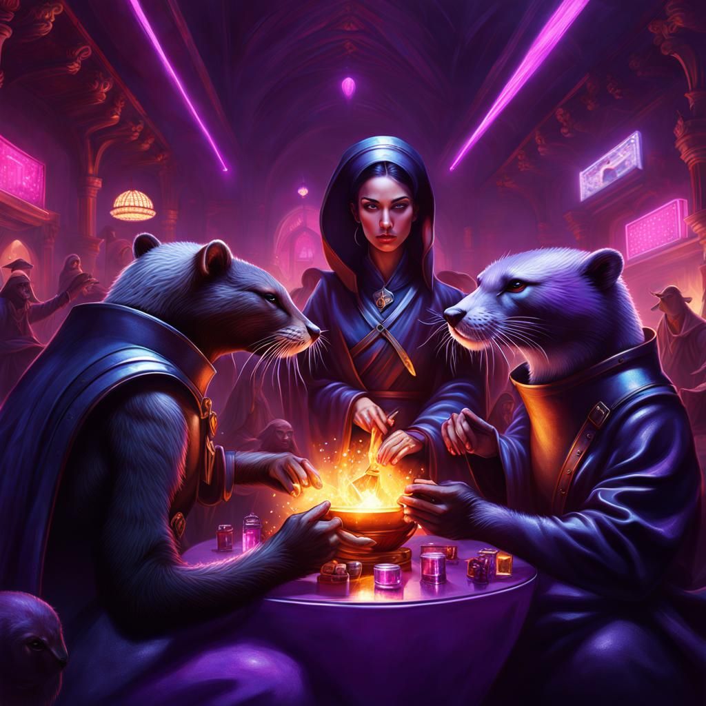 Surrealistic Priest and Otter Amidst Amethyst Explosions