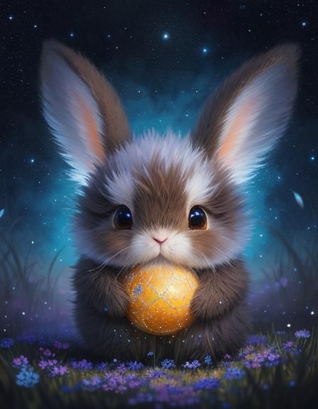 Fluffy Fantasy Baby Bunny in Flower Rain