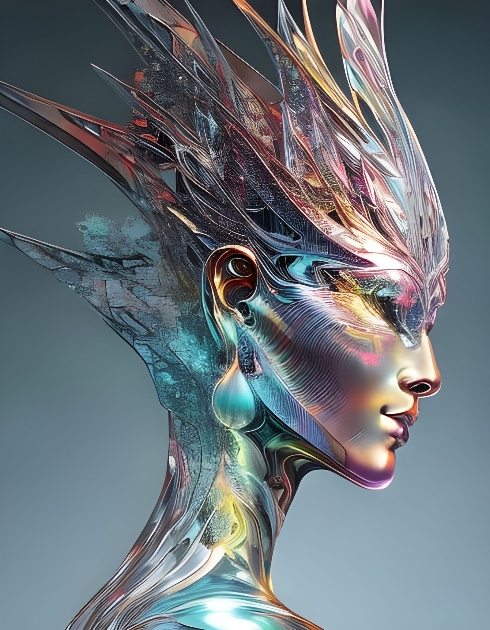 Iridescent Fractal Glass Deity in Hyperrealism