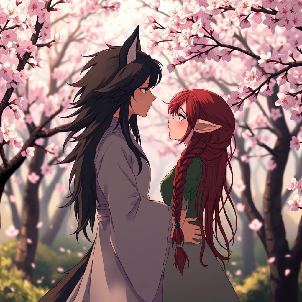 A shy, mysterious couple stands in a secluded grove of cherry blossom trees, their eyes locked in a tender gaze, their h...