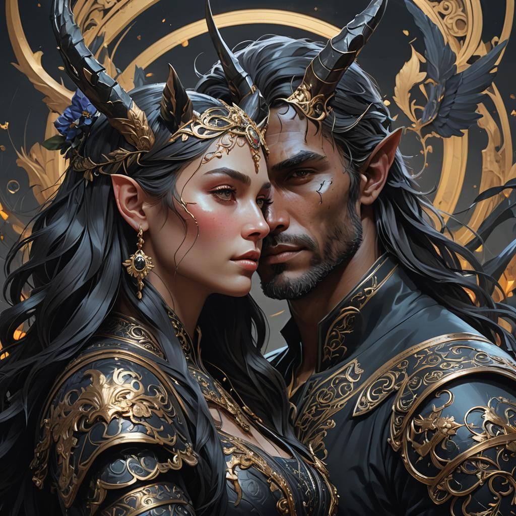 un couple d'elfes sur une licorne noire réaliste