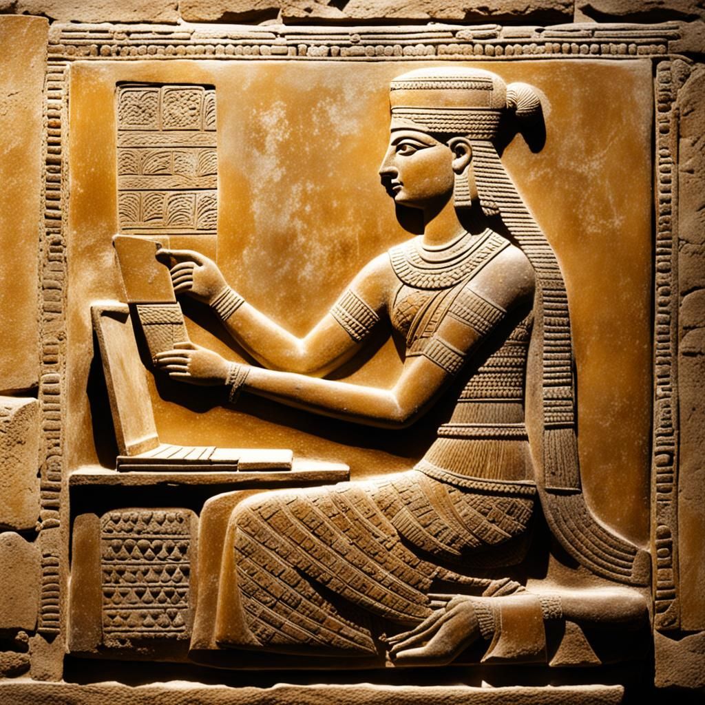 ancient Assyrian wall relief panel depicting a woman holding a laptop