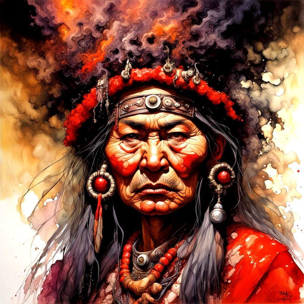 Ainu Witch doctor, volcanic pyroclasm, alcohol ink, hyperdetailed, sharp contrast,   By mike ploog and pino daeni