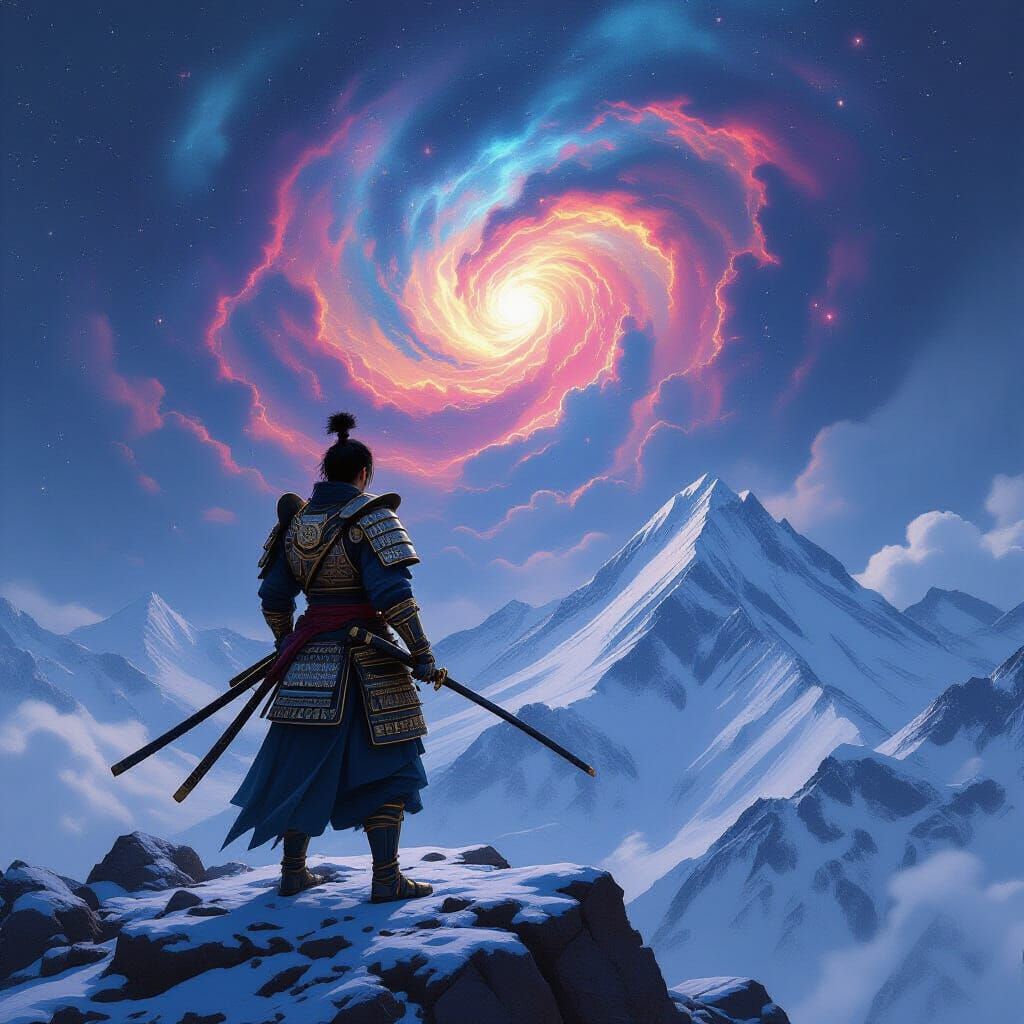Samurai Warrior Gazes at Cosmic Nebula on Mountain Peak