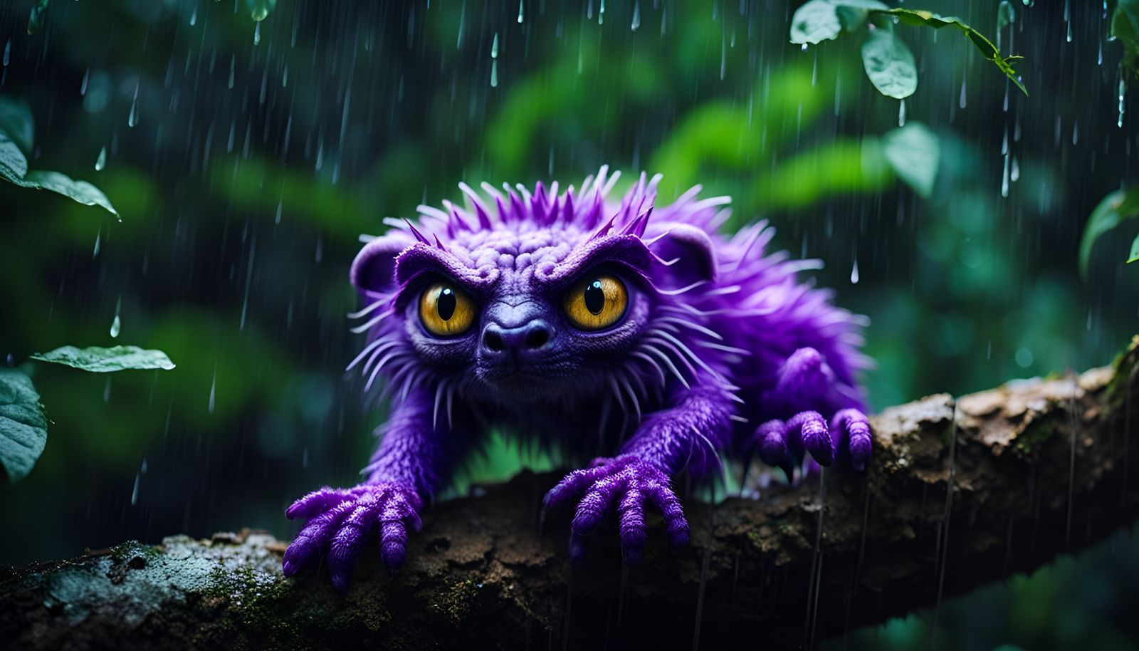 Adorable Purple Monster in Jungle Rain