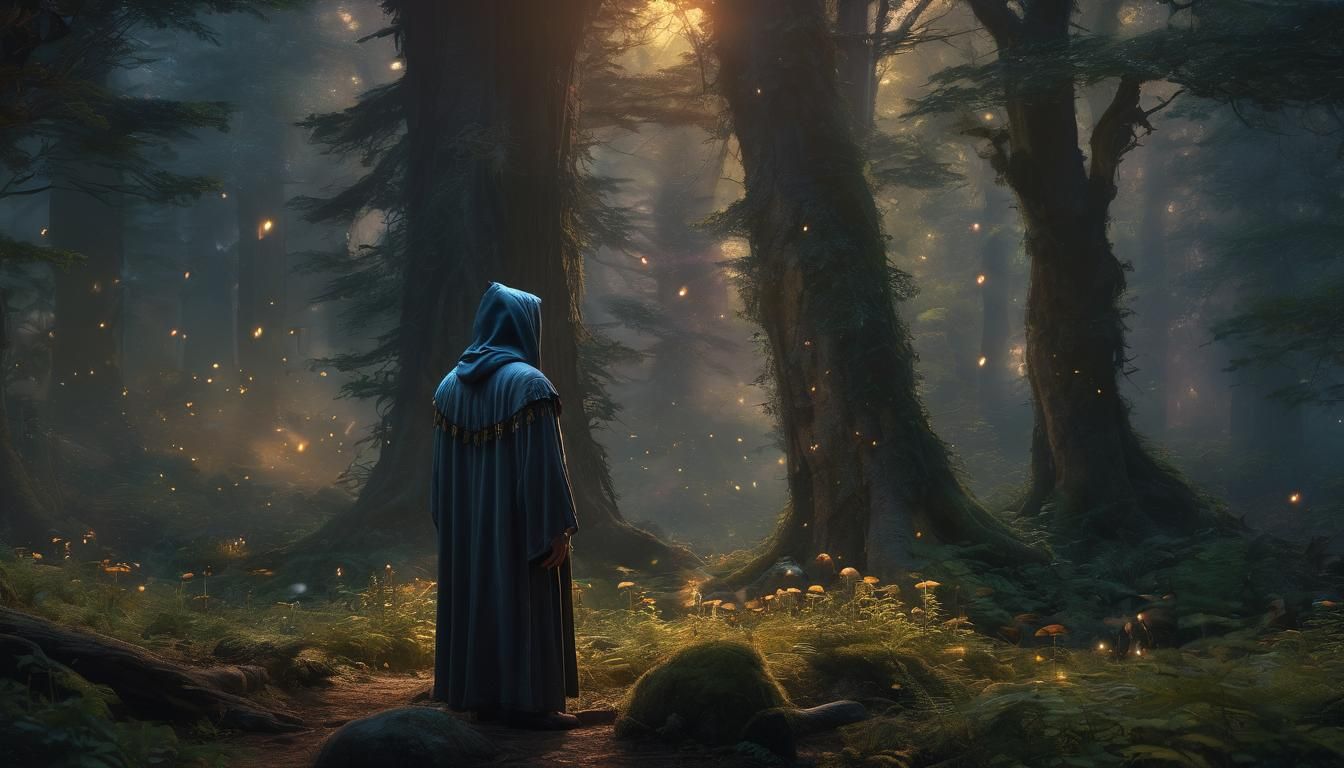 Hooded Wizard in Forest at Golden Hour