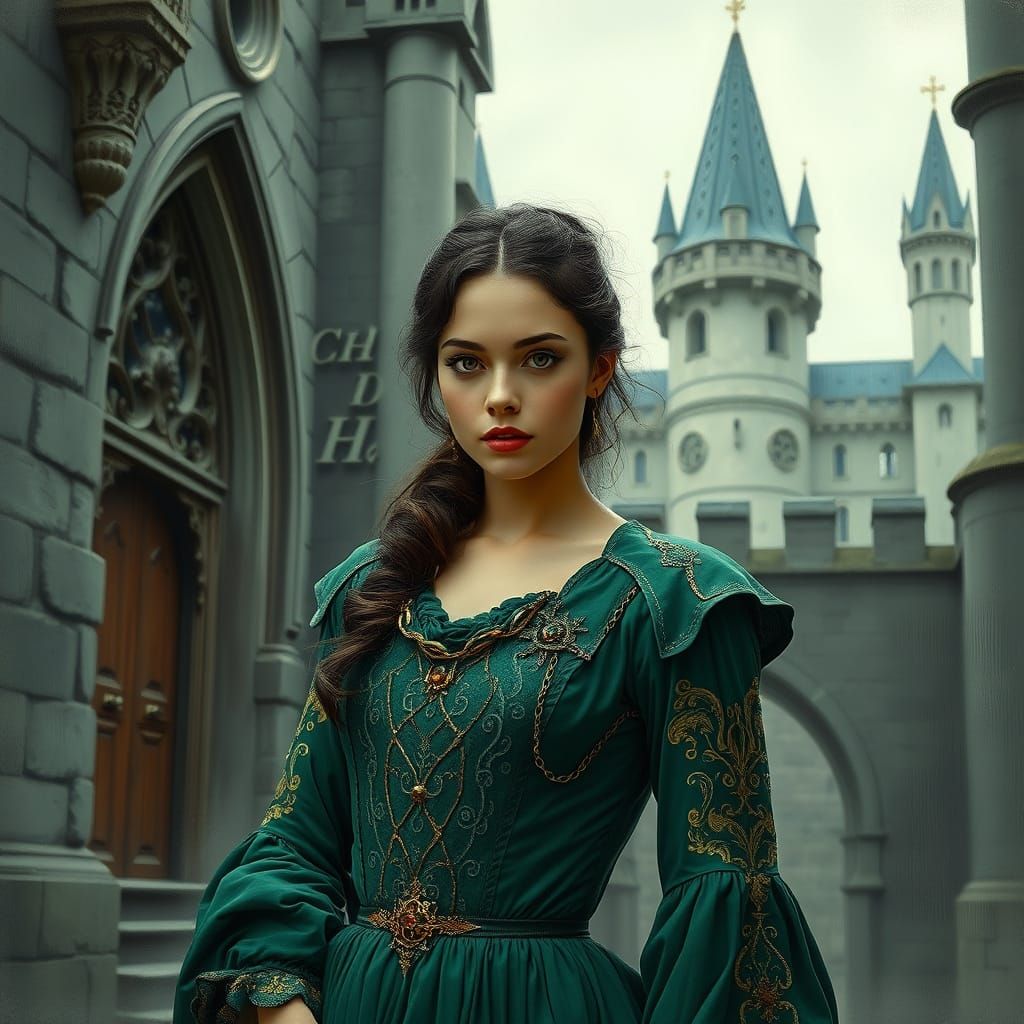 French Woman in Emerald Dress, Monochrome Photography