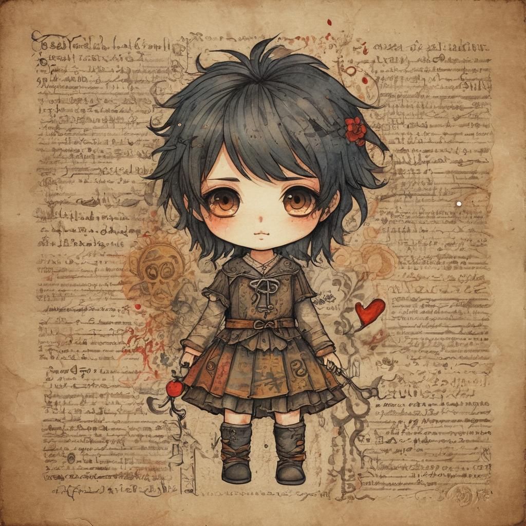 Chibi Character on Ancient Watercolor Parchment