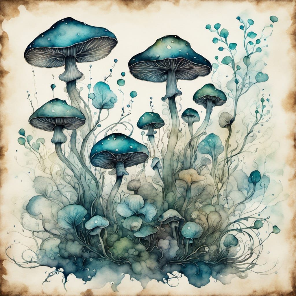 Botanical Illustration with Bioluminescent Mushrooms in Ink ...
