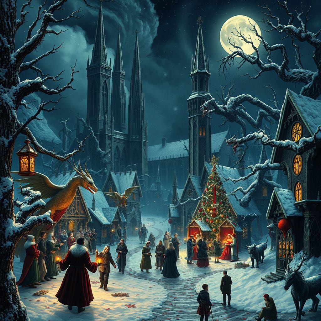 Mystical Christmas Scene in a Fantastical, Snowy Realm