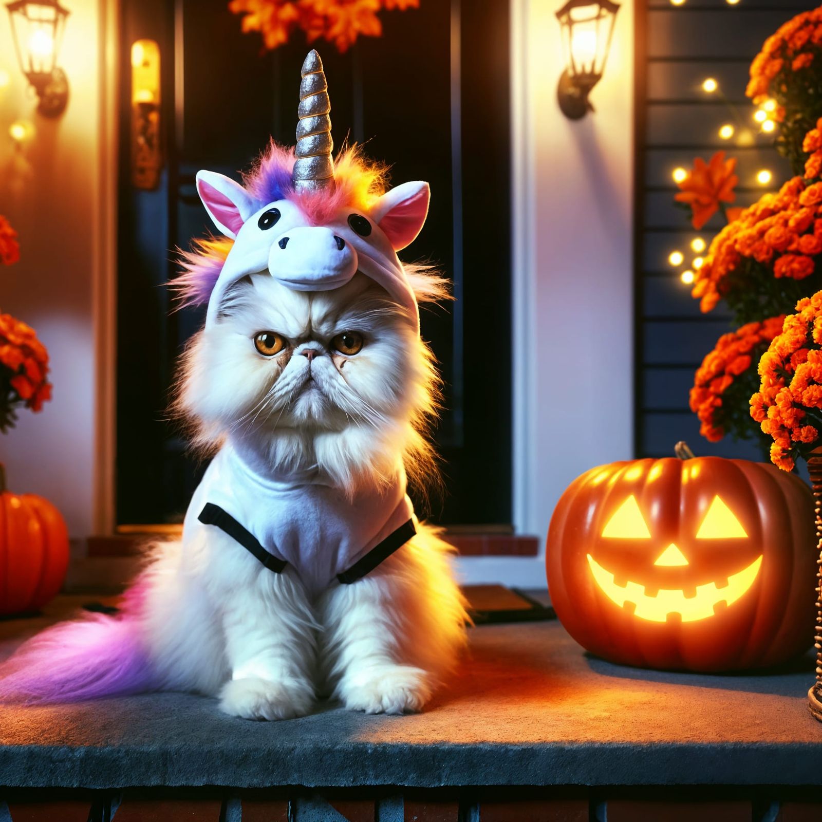Irate Persian Cat in Unicorn Costume for Halloween