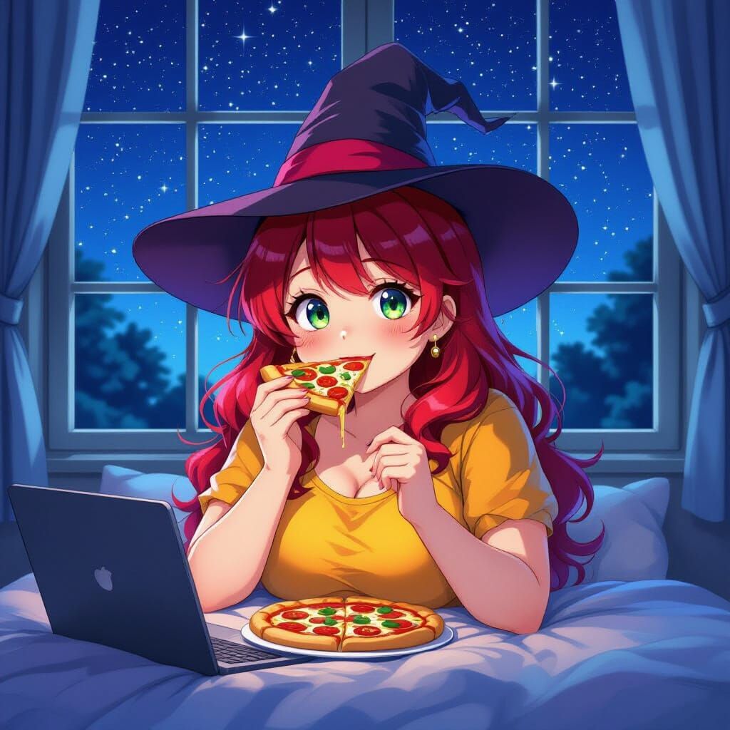 Anime Woman in Witch Hat Eating Pizza with Laptop
