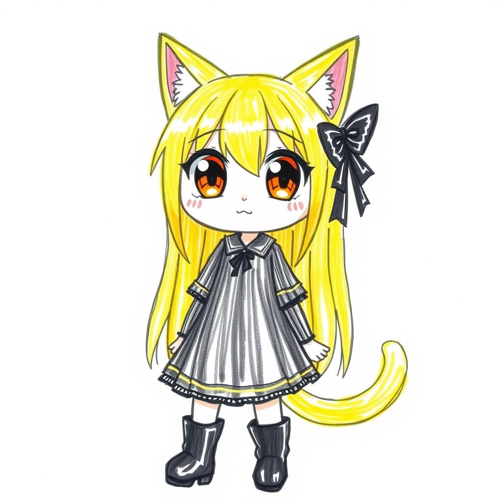 Crayon Anime Catgirl Drawing on White Paper