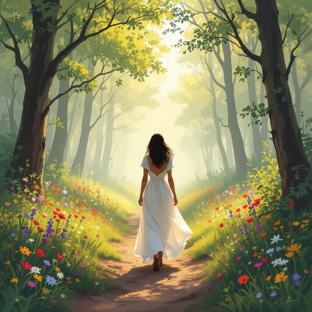 Serene Woman on Misty Forest Path with Golden Light