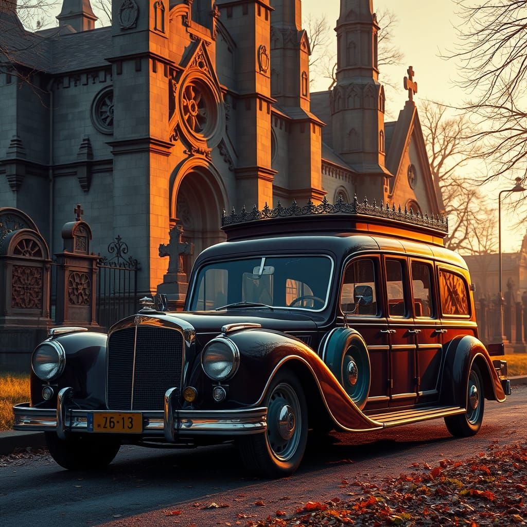 Vintage Hearse at Cemetery in Golden Light