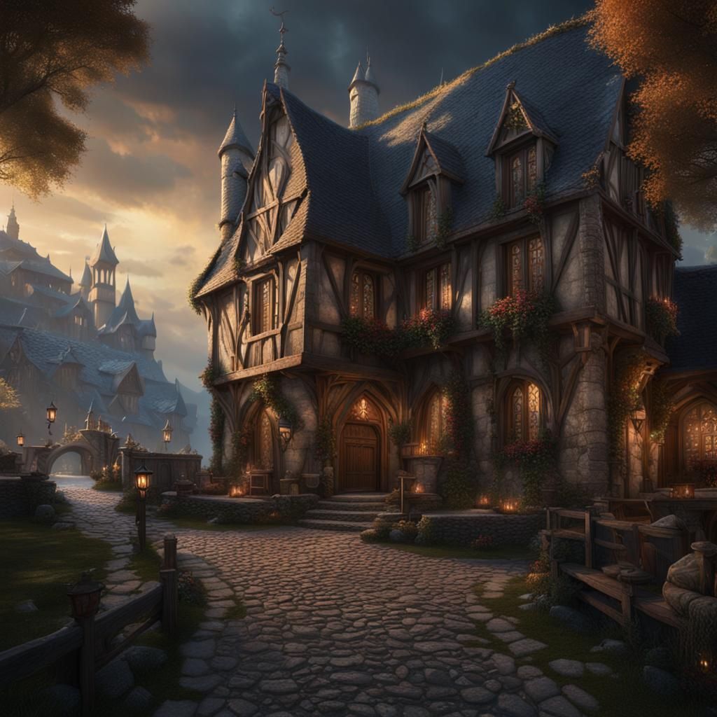 Medieval Dark Fantasy Inn: Detailed Matte Painting