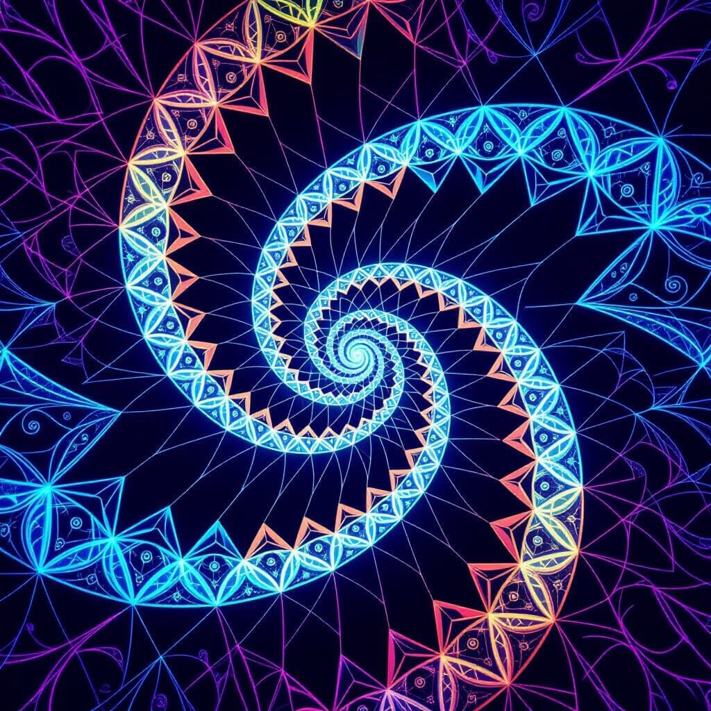 Trippy Fractal Staircases in Neon Blues and Greens