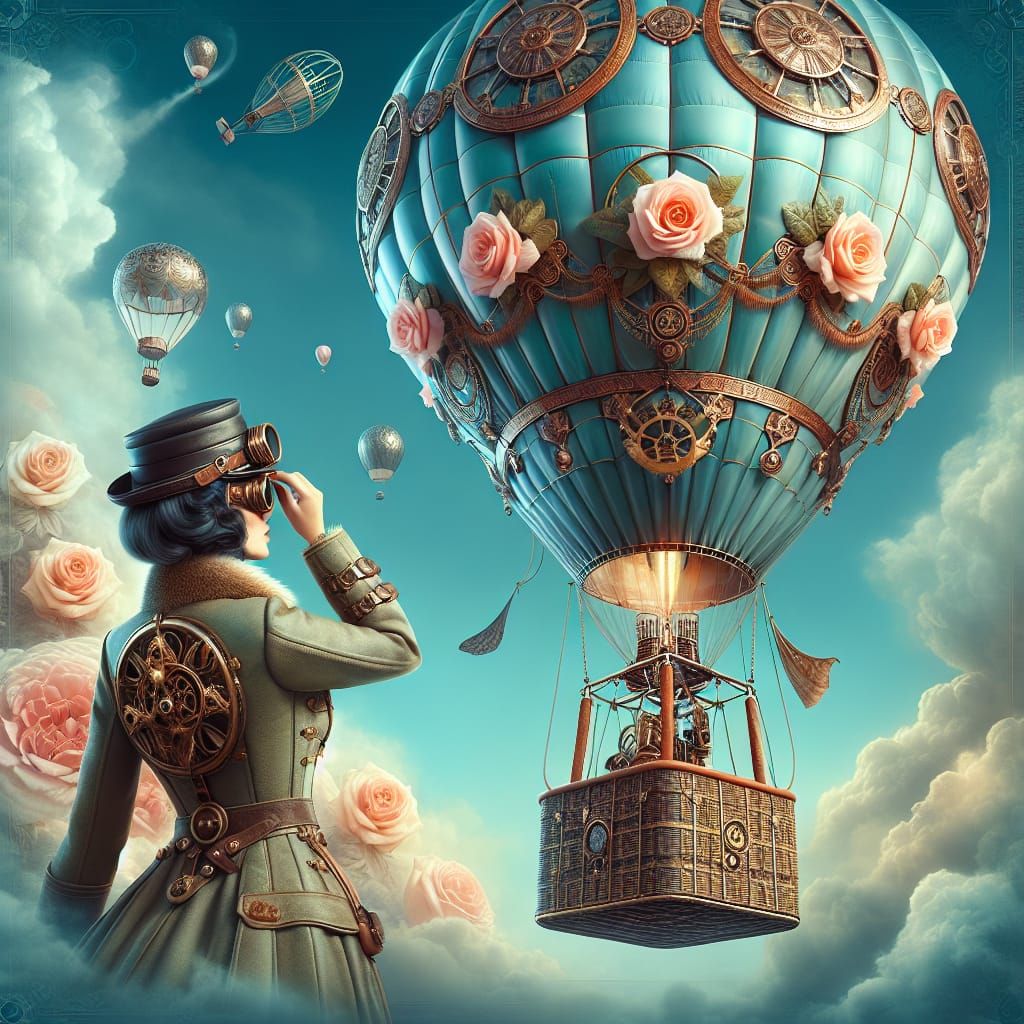 Steampunk Hot Air Balloon Soars in Turquoise Skies