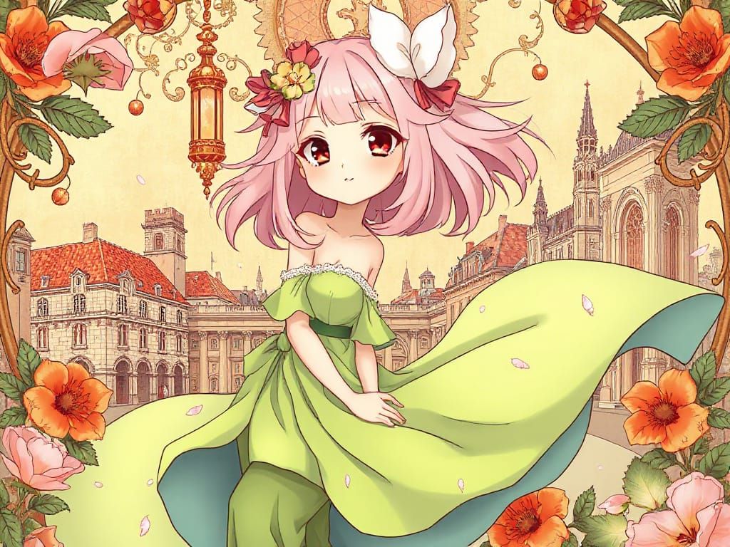 Ethereal Goddess in Art Nouveau Cityscape