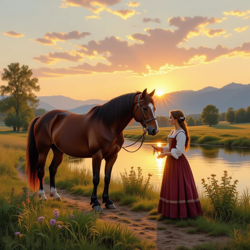 Medieval Blacksmith Shoeing Horse, Hudson River School Style