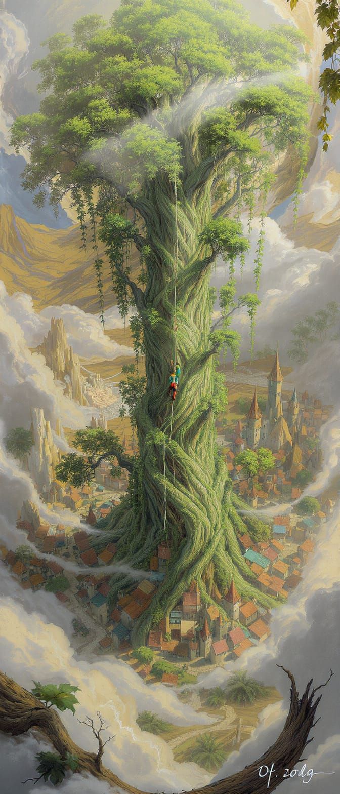 Giant Beanstalk Connects Clouds to Medieval Village