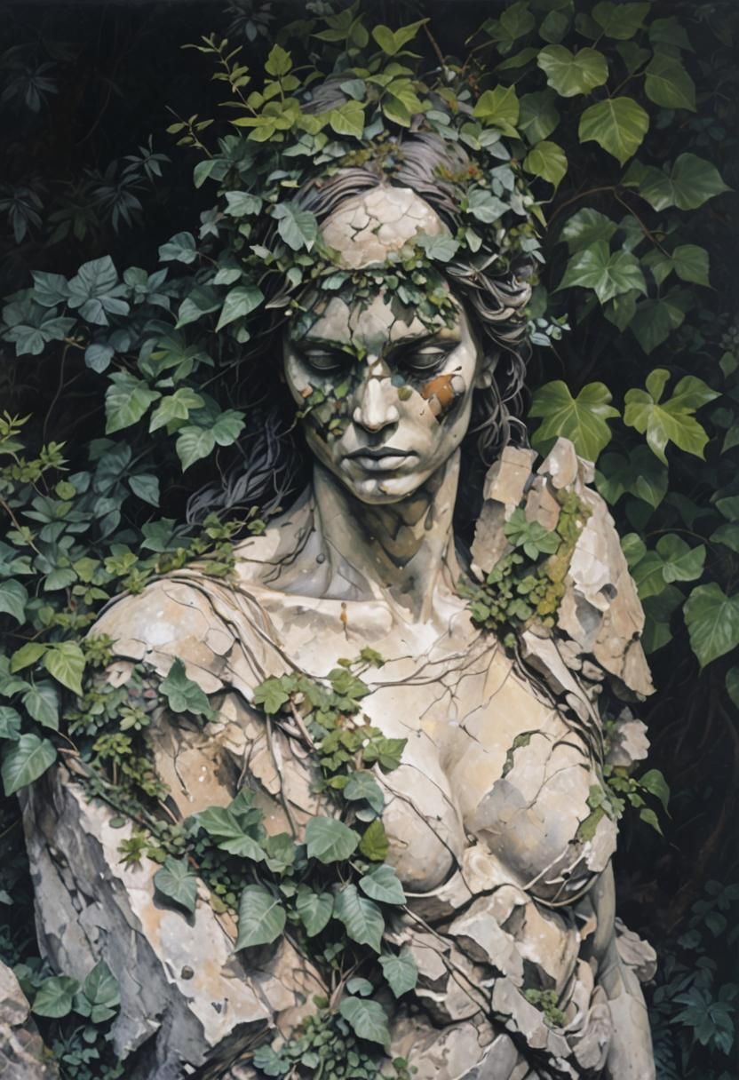 Renaissance Rock Woman Sculpture Covered by Vegetation