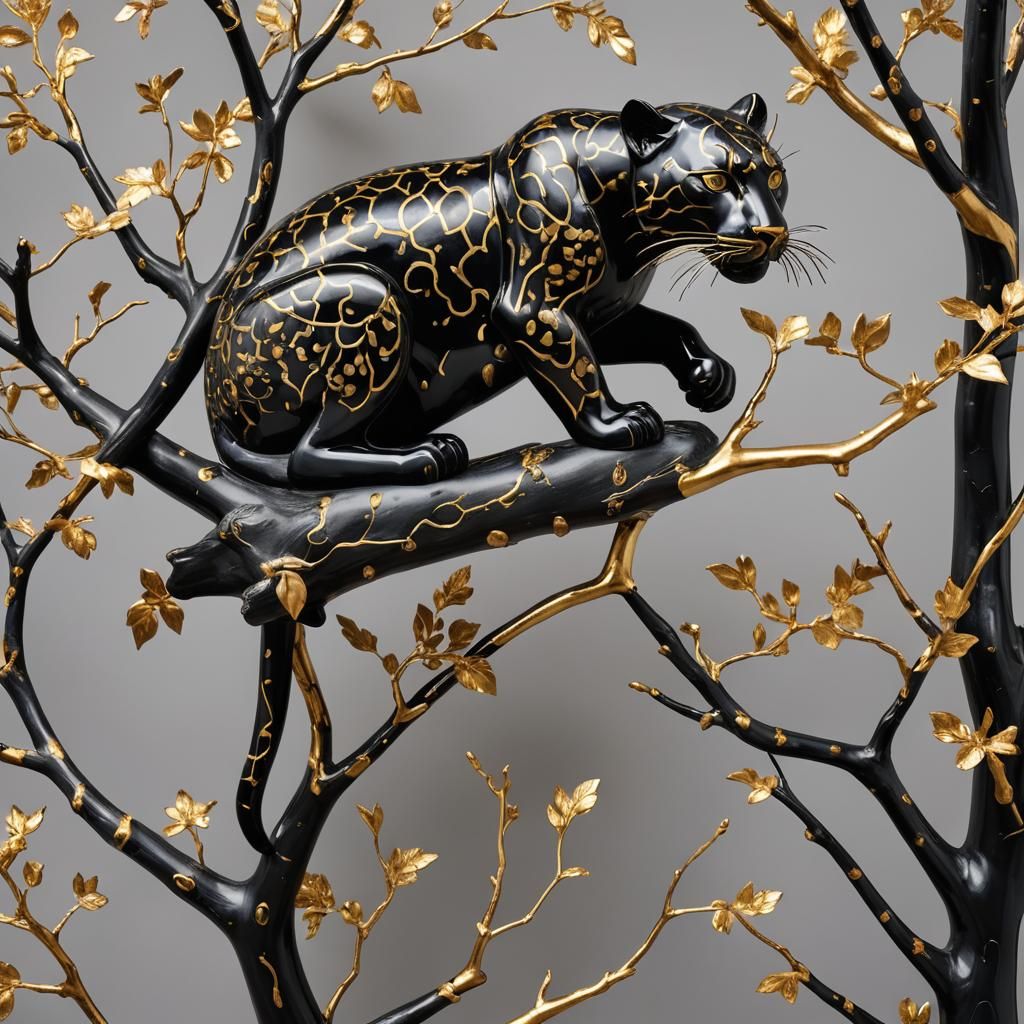 Ceramic Leopard Statue with Golden Inlay