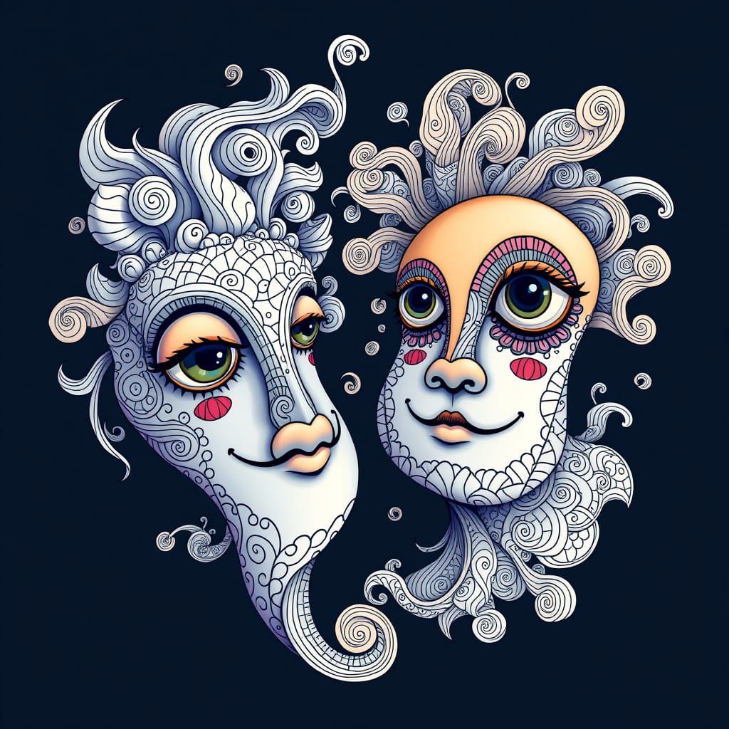 Whimsical Anthropomorphic Objects in Zentangle Style