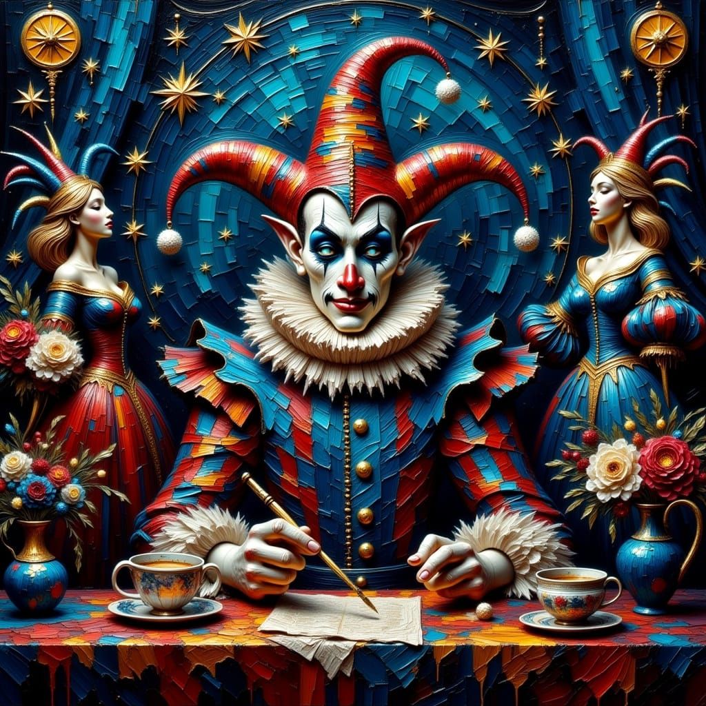 A Baroque Jester Paints His Face in a Grotesque, Celestial S...