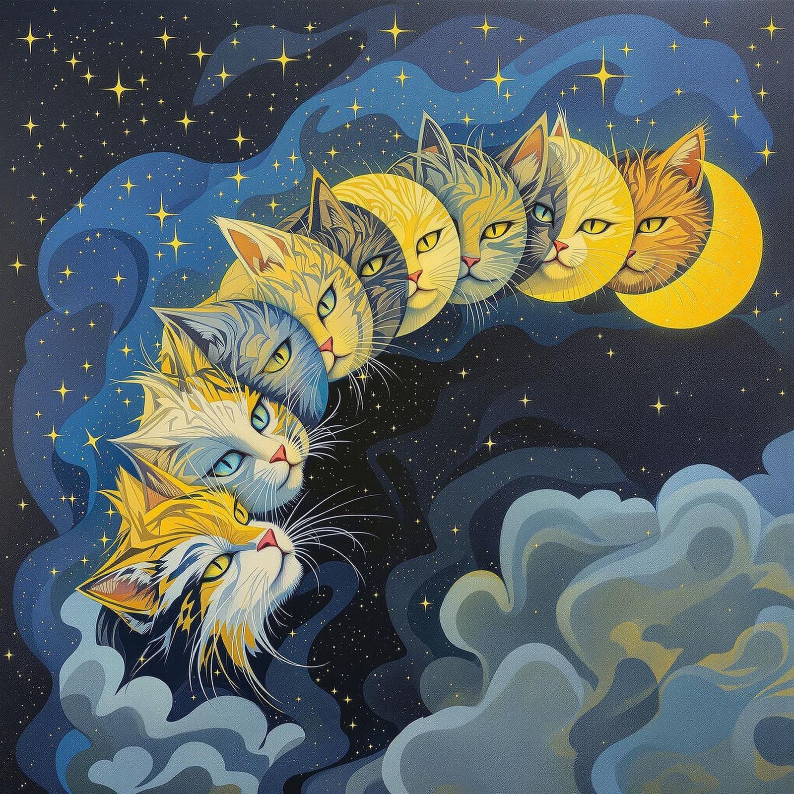 Lunar Feline Arc in Vibrant Blues and Yellows