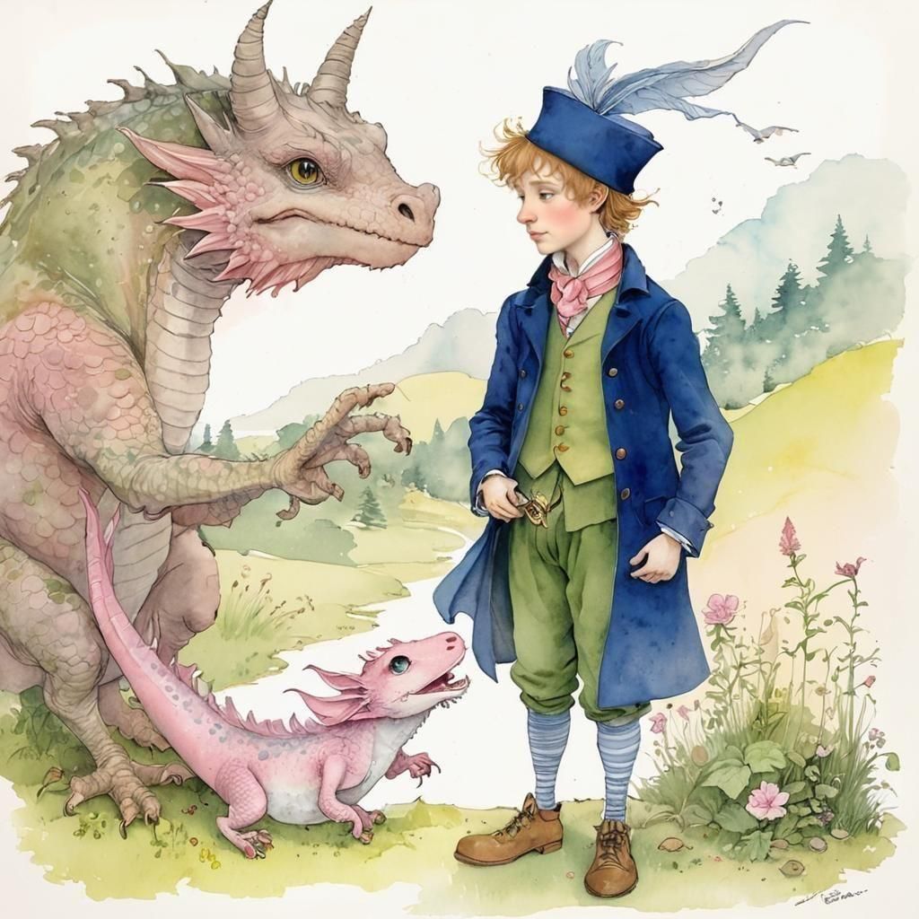 Prince and Dragon in Watercolor Storybook Illustration