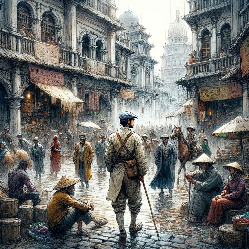 Asian Man Surrounded by Bustling Town Square Activity