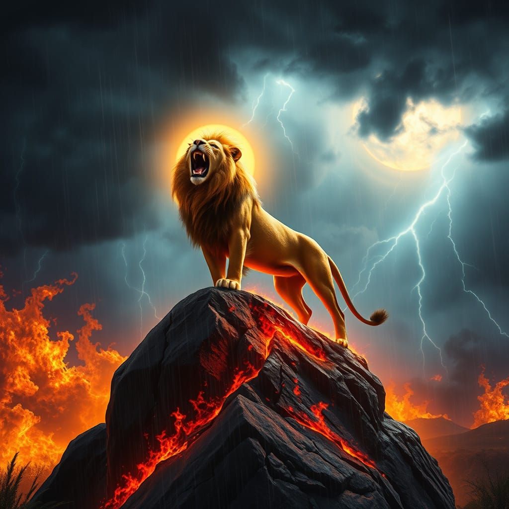 Regal Lion Roars into Turbulent Sky Above Burning Pride Rock