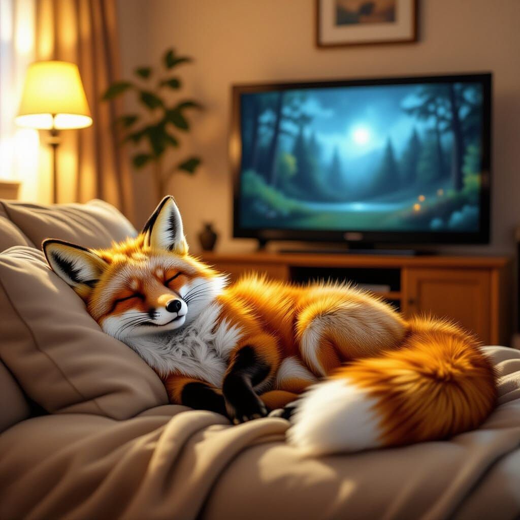 Fox Napping on Sofa, Whimsical Art Style