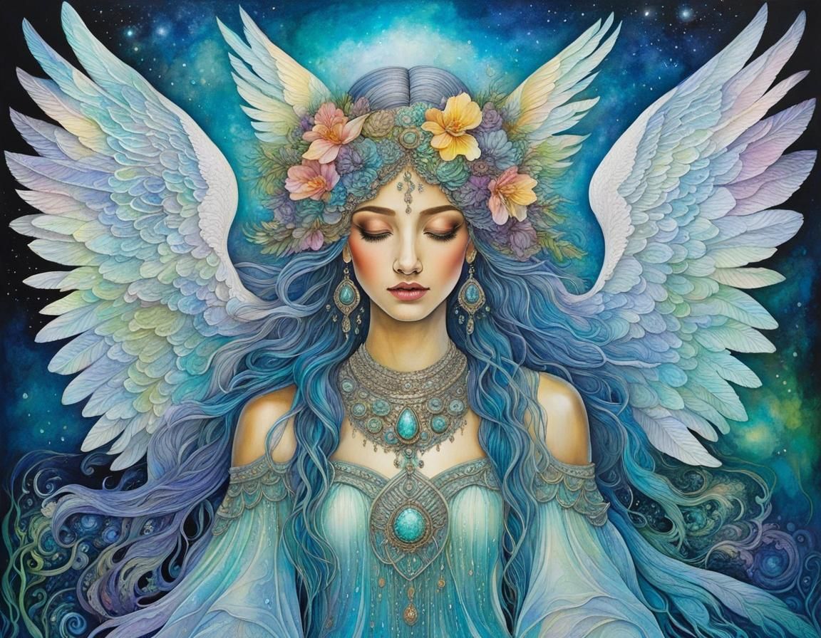 Gilded Swan-Necked Woman with Fractal Hair in Watercolor