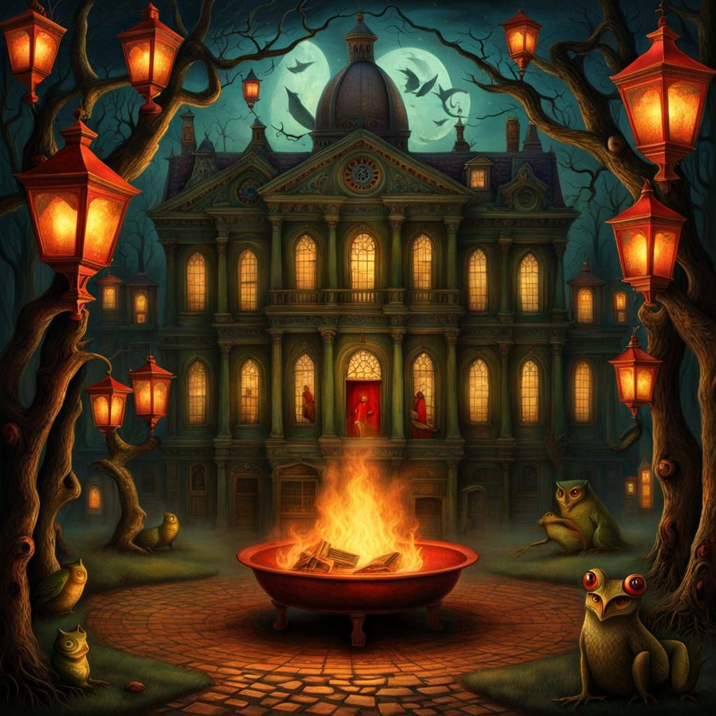 Haunted School at Night in Dreamy Surrealist Style